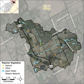 Figure XX Headwater feature riparian vegetation types in the Jock River Barrhaven catchment