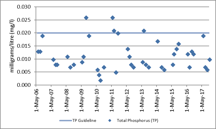 Figure 53 Total phosphorus sampling results at the deep point site (DP1) in Central Narrows, 2006-2017