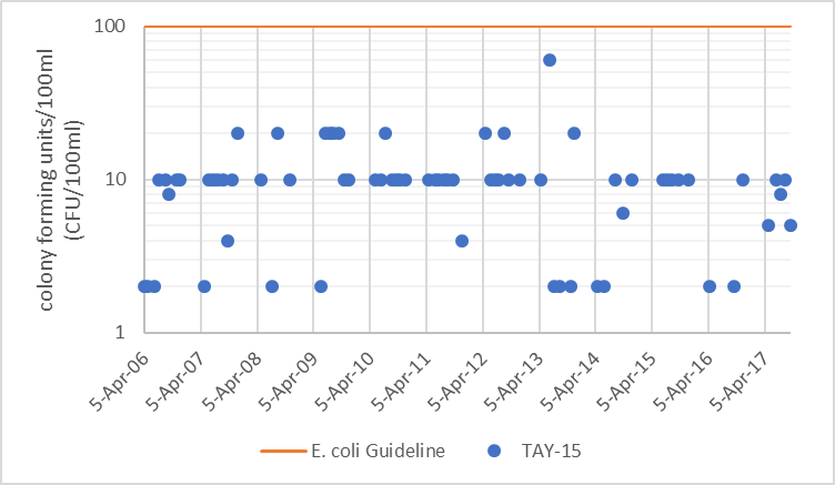 Figure 74  Distribution of E. coli counts at TAY-15 in the Tay River, 2006-2017