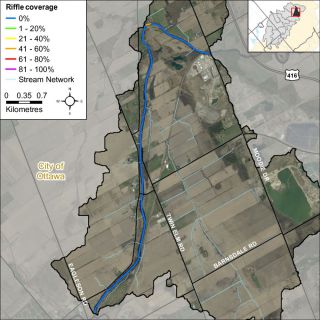 Figure XX Riffle habitat locations along the Jock River in the Leamy Creek catchment
