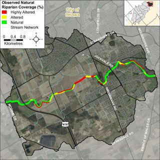 Figure XX Riparian buffer alterations within the Jock River Barrhaven catchment