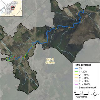 Figure XX Riffle habitat locations along the Jock River in the Richmond Fen catchment