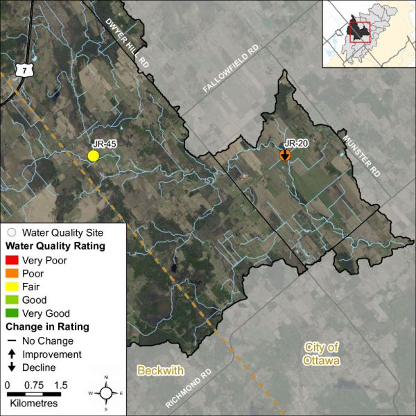 Figure 1 Water quality monitoring sites on the Jock River in the Ashton-Dwyer Hill Catchment