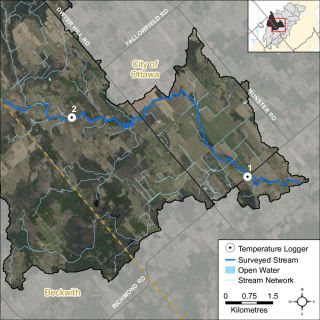 Figure XX Temperature logger locations in the Jock River Ashton – Dwyer Hill catchment
