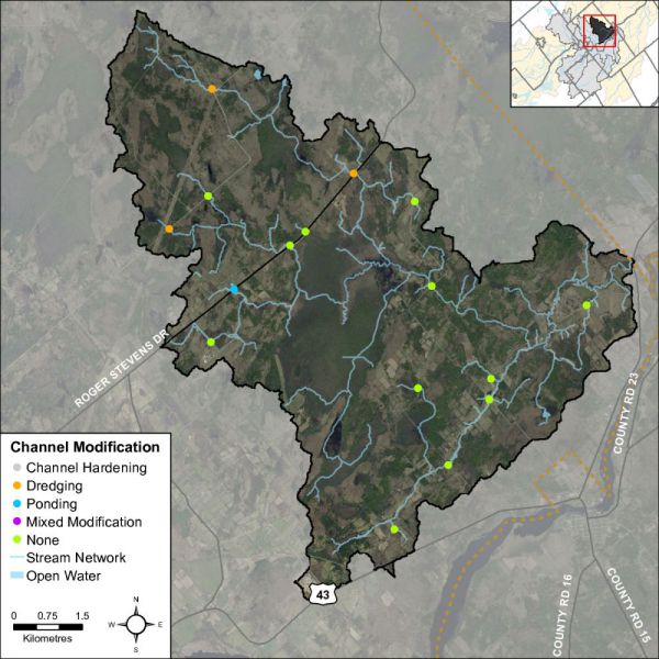 Figure 46 Headwater feature channel modifications in the Rideau Creek catchment