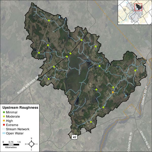 Figure 50 Headwater feature roughness in the Rideau Creek catchment