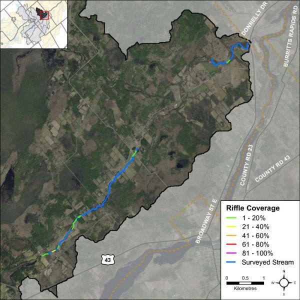 Figure 31 Riffle habitat locations along Rideau Creek