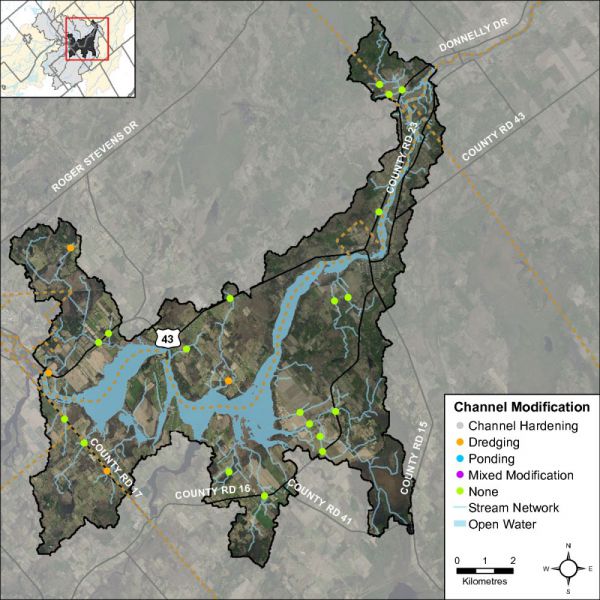 Figure 17 Headwater feature channel modifications in the Rideau – Merrickville catchment